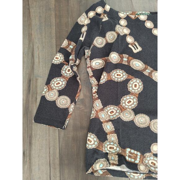 Lauren Ralph Lauren Petite PL Top Brown Chain Print Stretch Long Sleeve Shirt - Picture 2 of 7